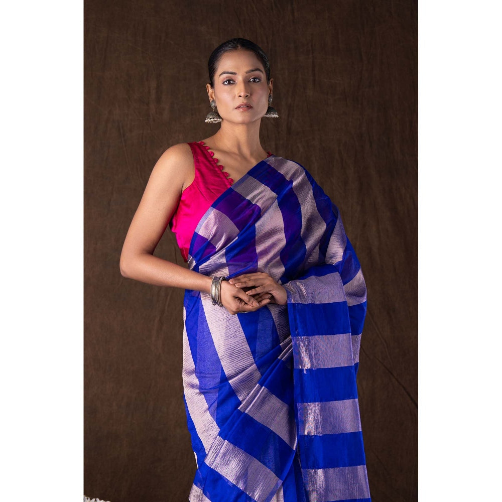 Zal from Benaras Blue Zari Stripe Moonga Tissue Silk Banarasi Handloom Saree without Blouse