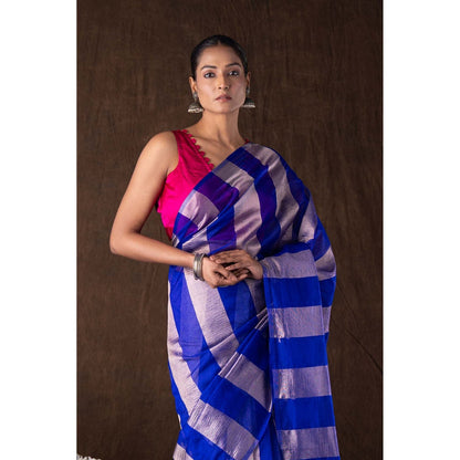Zal from Benaras Blue Zari Stripe Moonga Tissue Silk Banarasi Handloom Saree without Blouse