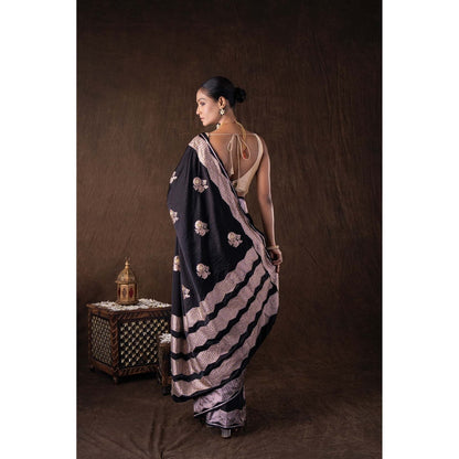 Zal from Benaras Black Pure Katan Silk Handwork Saree without Blouse
