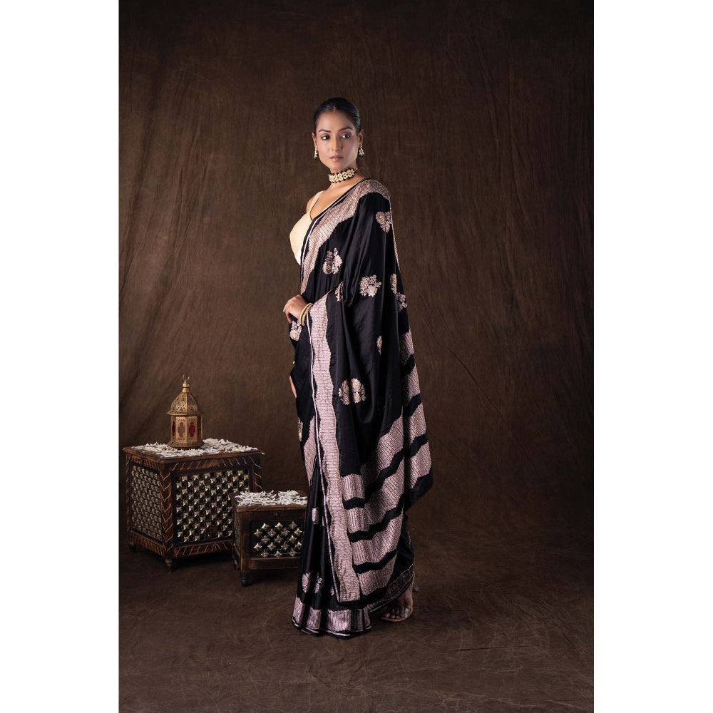 Zal from Benaras Black Pure Katan Silk Handwork Saree without Blouse