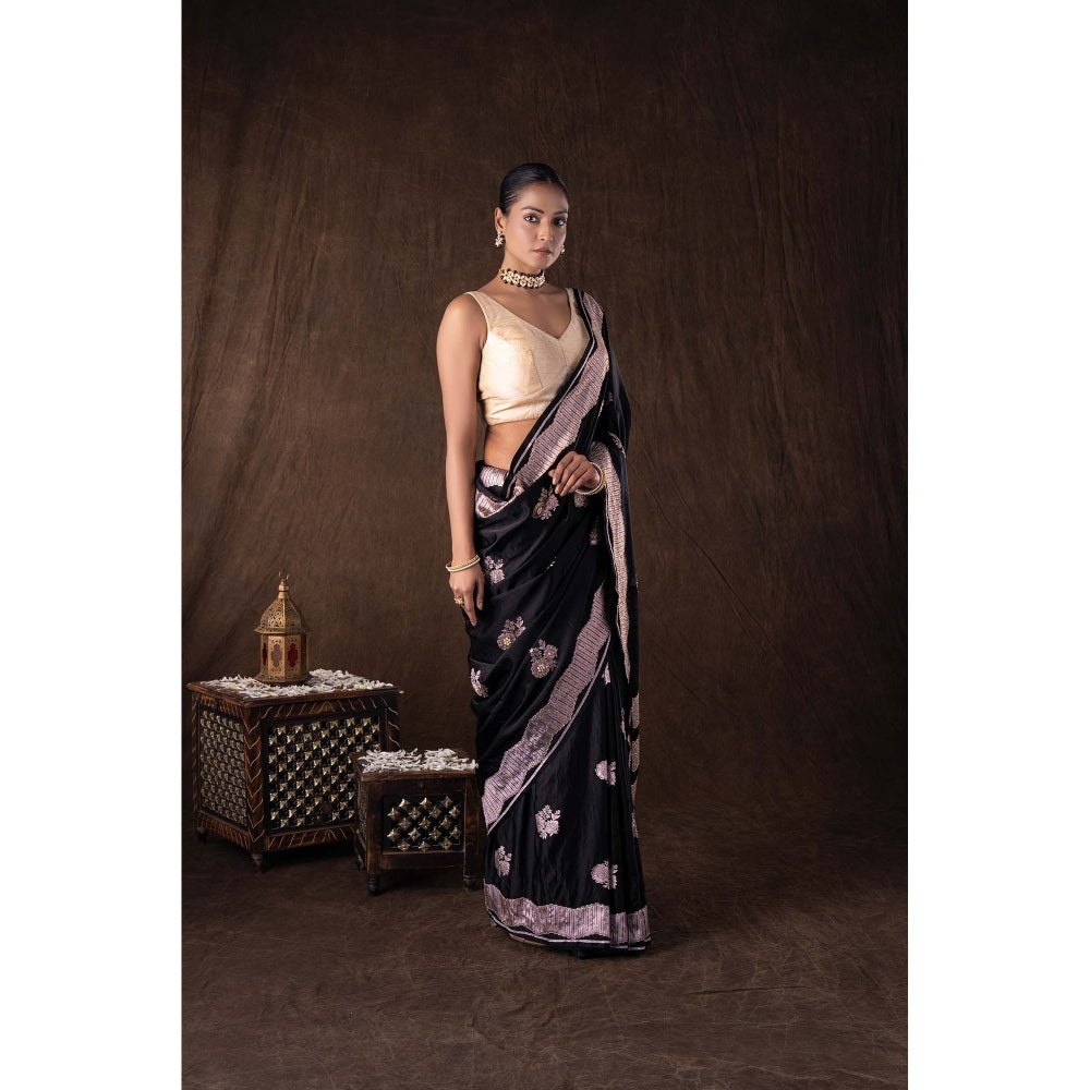 Zal from Benaras Black Pure Katan Silk Handwork Saree without Blouse