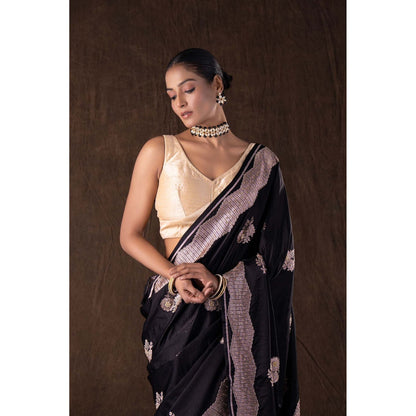 Zal from Benaras Black Pure Katan Silk Handwork Saree without Blouse