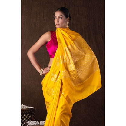 Zal from Benaras Yellow Pure Silk Raw Mango Zari Banarasi Handloom Saree without Blouse