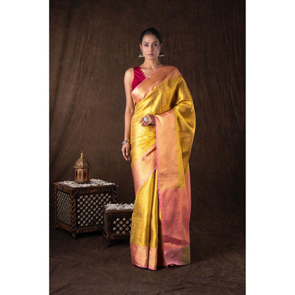 Zal from Benaras Golden Pure Silk Brocade Banarasi Handloom Saree without Blouse