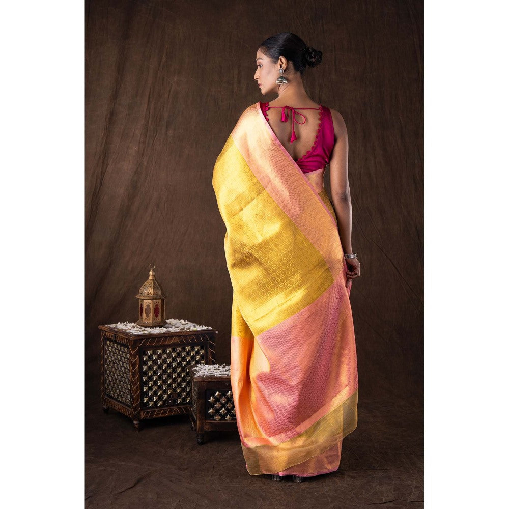 Zal from Benaras Golden Pure Silk Brocade Banarasi Handloom Saree without Blouse
