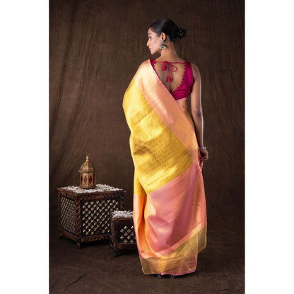 Zal from Benaras Golden Pure Silk Brocade Banarasi Handloom Saree without Blouse