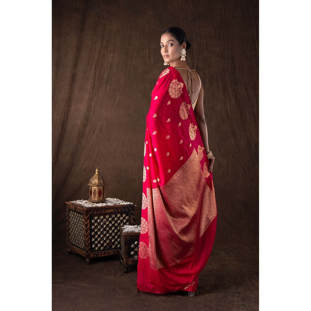 Zal from Benaras Hot Pink Pure Silk Raw Mango Boota Zari Banarasi Handloom Saree without Blouse