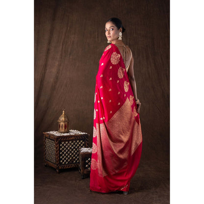 Zal from Benaras Hot Pink Pure Silk Raw Mango Boota Zari Banarasi Handloom Saree without Blouse