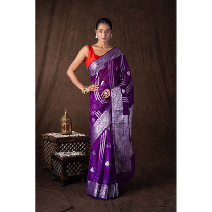Zal from Benaras Purple Pure Silk Banarasi Handloom Saree without Blouse