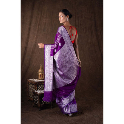 Zal from Benaras Purple Pure Silk Banarasi Handloom Saree without Blouse