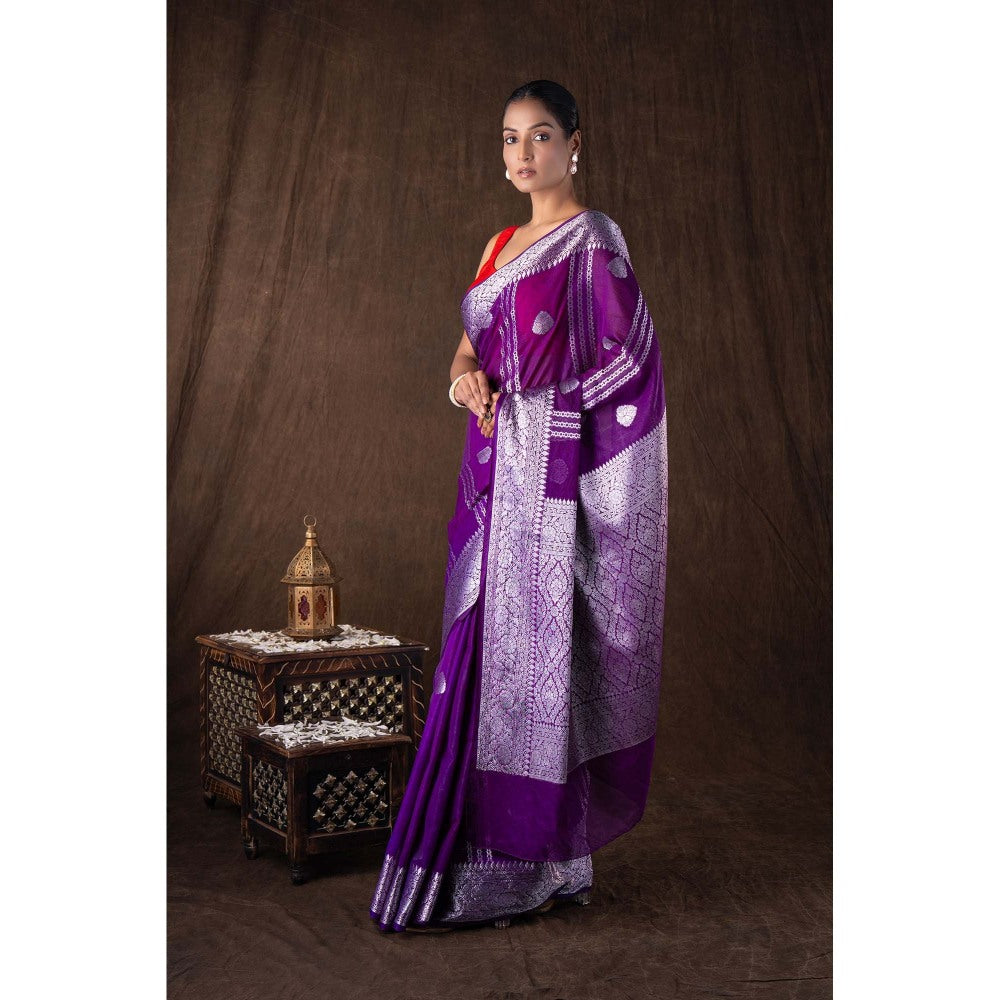 Zal from Benaras Purple Pure Silk Banarasi Handloom Saree without Blouse