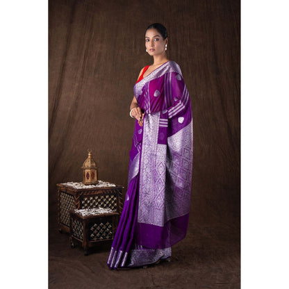 Zal from Benaras Purple Pure Silk Banarasi Handloom Saree without Blouse