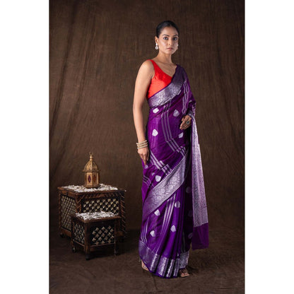 Zal from Benaras Purple Pure Silk Banarasi Handloom Saree without Blouse