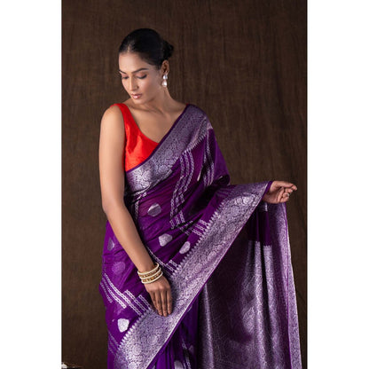 Zal from Benaras Purple Pure Silk Banarasi Handloom Saree without Blouse