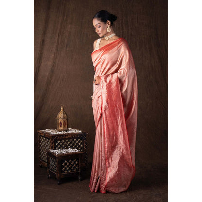 Zal from Benaras Red Pure Tissue Plain Banaras Handloom Saree without Blouse