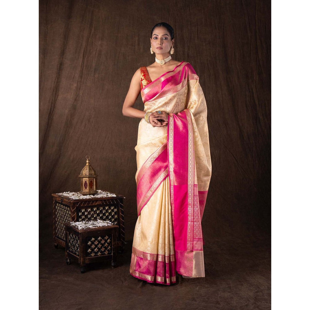 Zal from Benaras Cream Pure Silk Brocade Banarasi Handloom Saree without Blouse