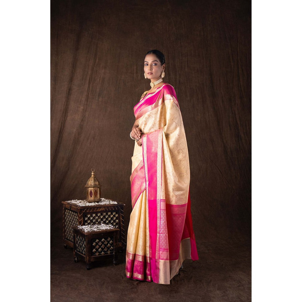 Zal from Benaras Cream Pure Silk Brocade Banarasi Handloom Saree without Blouse