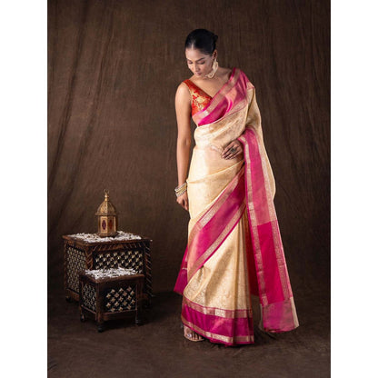 Zal from Benaras Cream Pure Silk Brocade Banarasi Handloom Saree without Blouse