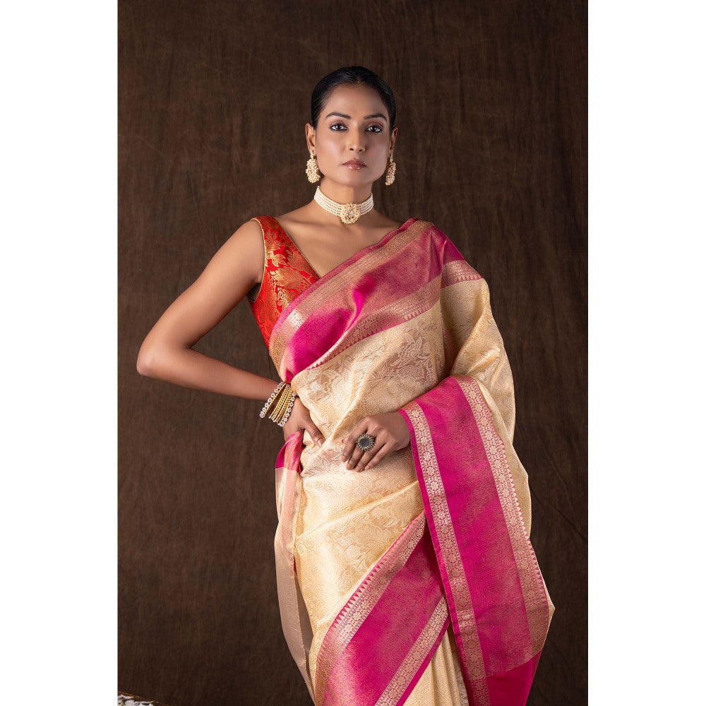 Zal from Benaras Cream Pure Silk Brocade Banarasi Handloom Saree without Blouse