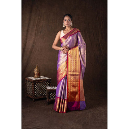 Zal from Benaras Purple Tissue Zari Brocade Banarasi Handloom Saree without Blouse