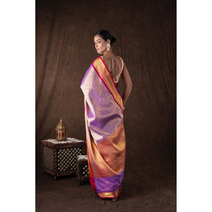 Zal from Benaras Purple Tissue Zari Brocade Banarasi Handloom Saree without Blouse