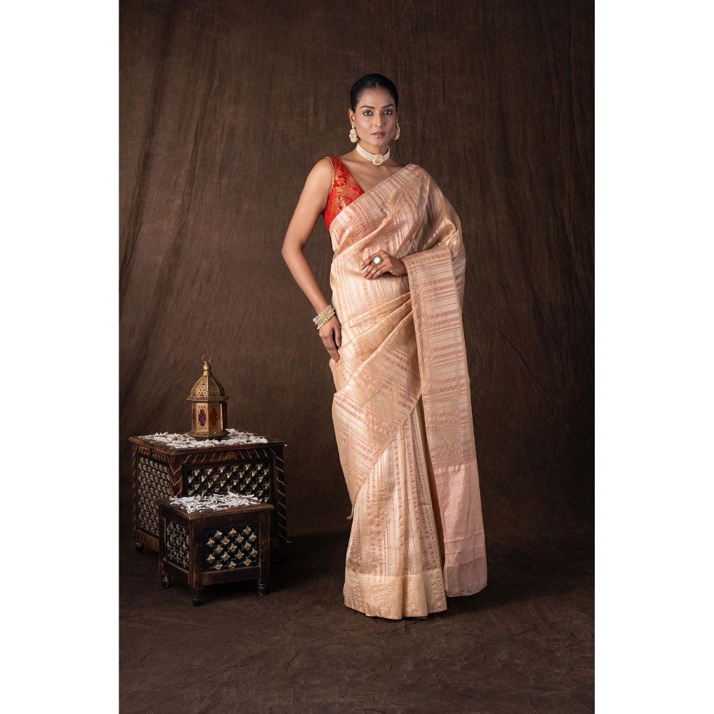 Zal from Benaras Peach Copper Lining Tissue Silk Banarasi Handloom Saree without Blouse