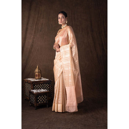 Zal from Benaras Peach Copper Lining Tissue Silk Banarasi Handloom Saree without Blouse