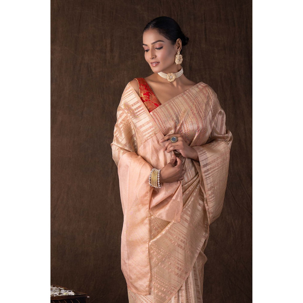 Zal from Benaras Peach Copper Lining Tissue Silk Banarasi Handloom Saree without Blouse