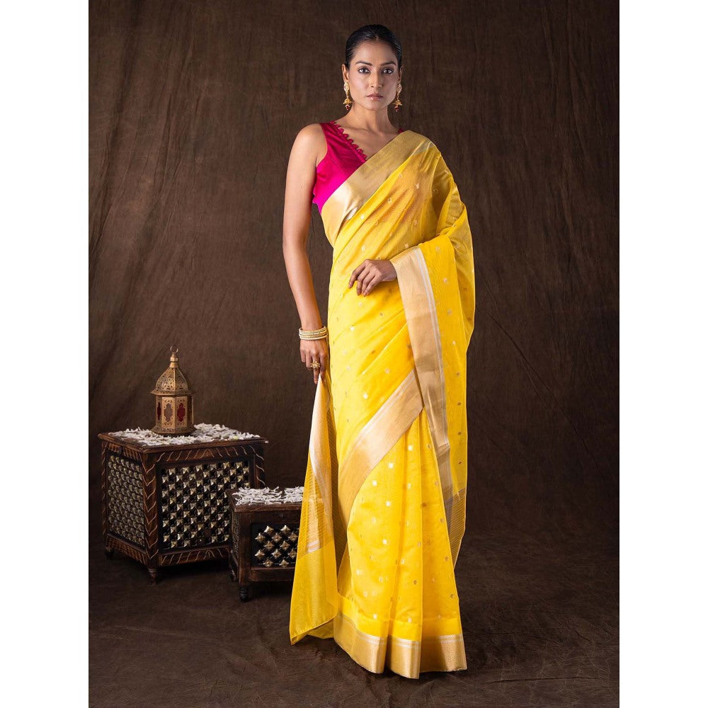 Zal from Benaras Yellow Katan Silk Zari Boota Banarasi Handloom Saree without Blouse