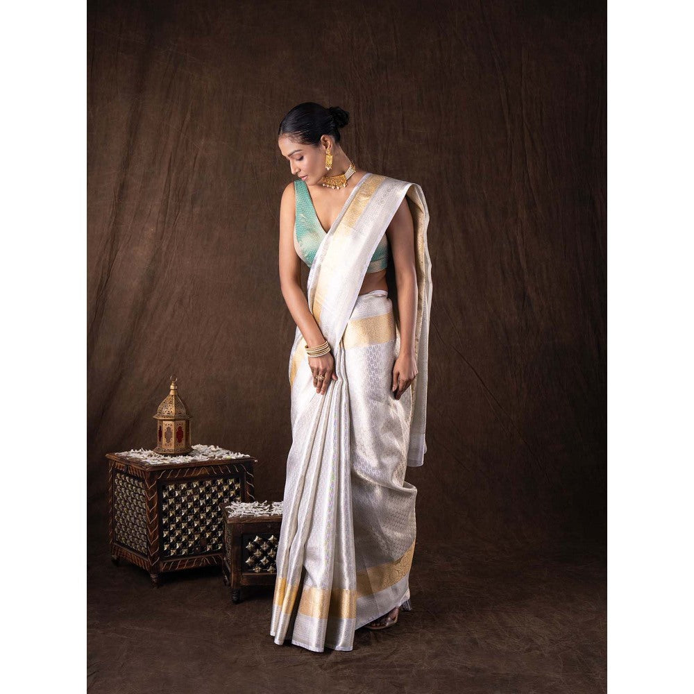 Zal from Benaras Silver Kanjivaram Zari Silk Banarasi Handloom Saree without Blouse