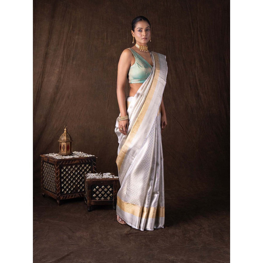 Zal from Benaras Silver Kanjivaram Zari Silk Banarasi Handloom Saree without Blouse