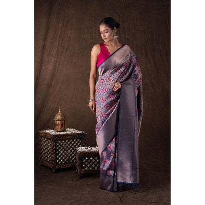 Zal from Benaras Navy Blue Pure Silk Brocade Banarasi Handloom Saree without Blouse