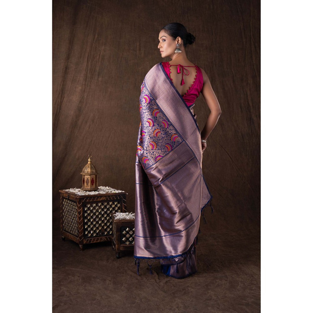 Zal from Benaras Navy Blue Pure Silk Brocade Banarasi Handloom Saree without Blouse