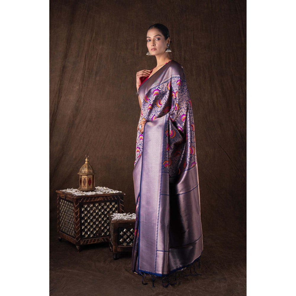 Zal from Benaras Navy Blue Pure Silk Brocade Banarasi Handloom Saree without Blouse