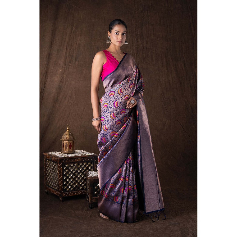 Zal from Benaras Navy Blue Pure Silk Brocade Banarasi Handloom Saree without Blouse