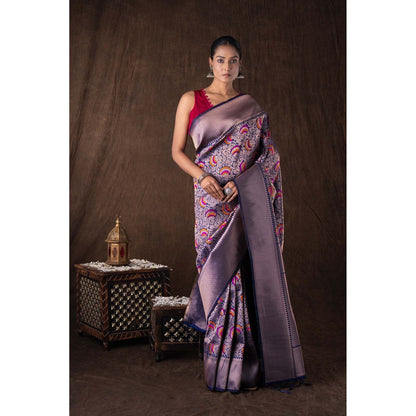 Zal from Benaras Navy Blue Pure Silk Brocade Banarasi Handloom Saree without Blouse