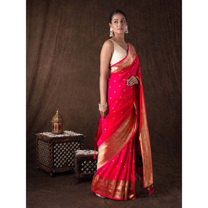 Zal from Benaras Pink Pure Silk Banarasi Handloom Saree without Blouse