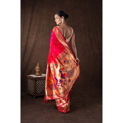 Zal from Benaras Pink Pure Silk Banarasi Handloom Saree without Blouse