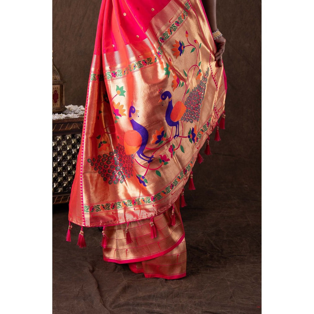 Zal from Benaras Pink Pure Silk Banarasi Handloom Saree without Blouse