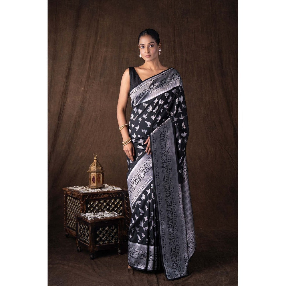 Zal from Benaras Black Pure Silk Banarasi Handloom Saree without Blouse