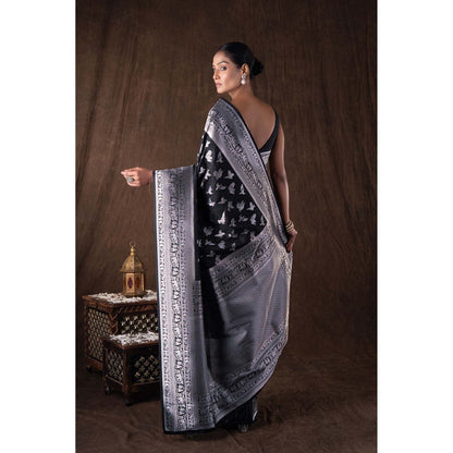 Zal from Benaras Black Pure Silk Banarasi Handloom Saree without Blouse