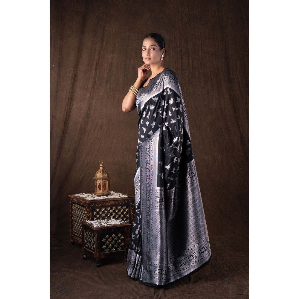 Zal from Benaras Black Pure Silk Banarasi Handloom Saree without Blouse