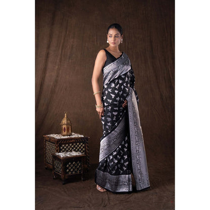 Zal from Benaras Black Pure Silk Banarasi Handloom Saree without Blouse
