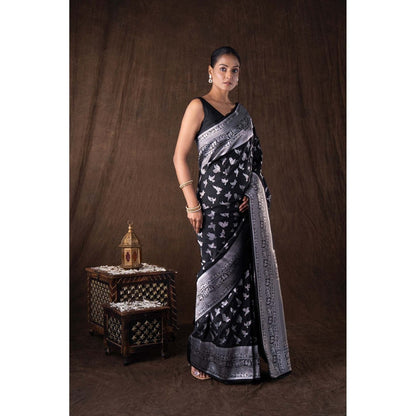 Zal from Benaras Black Pure Silk Banarasi Handloom Saree without Blouse
