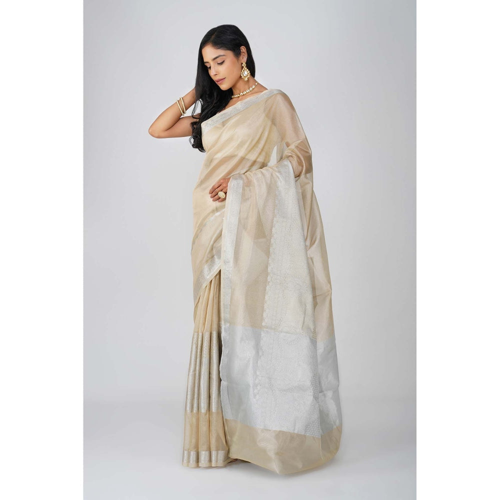 Zal from Benaras Beige Tissue Zari Silk Banarasi Handloom Saree without Blouse