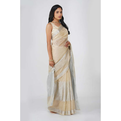 Zal from Benaras Beige Tissue Zari Silk Banarasi Handloom Saree without Blouse