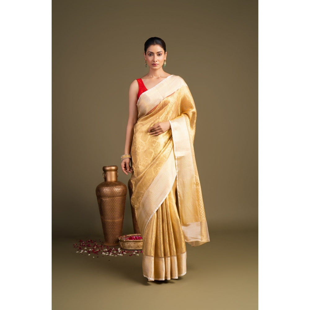 Zal from Benaras Golden Pure Katan Tissue Silk Banarasi Handloom Saree without Blouse Piece