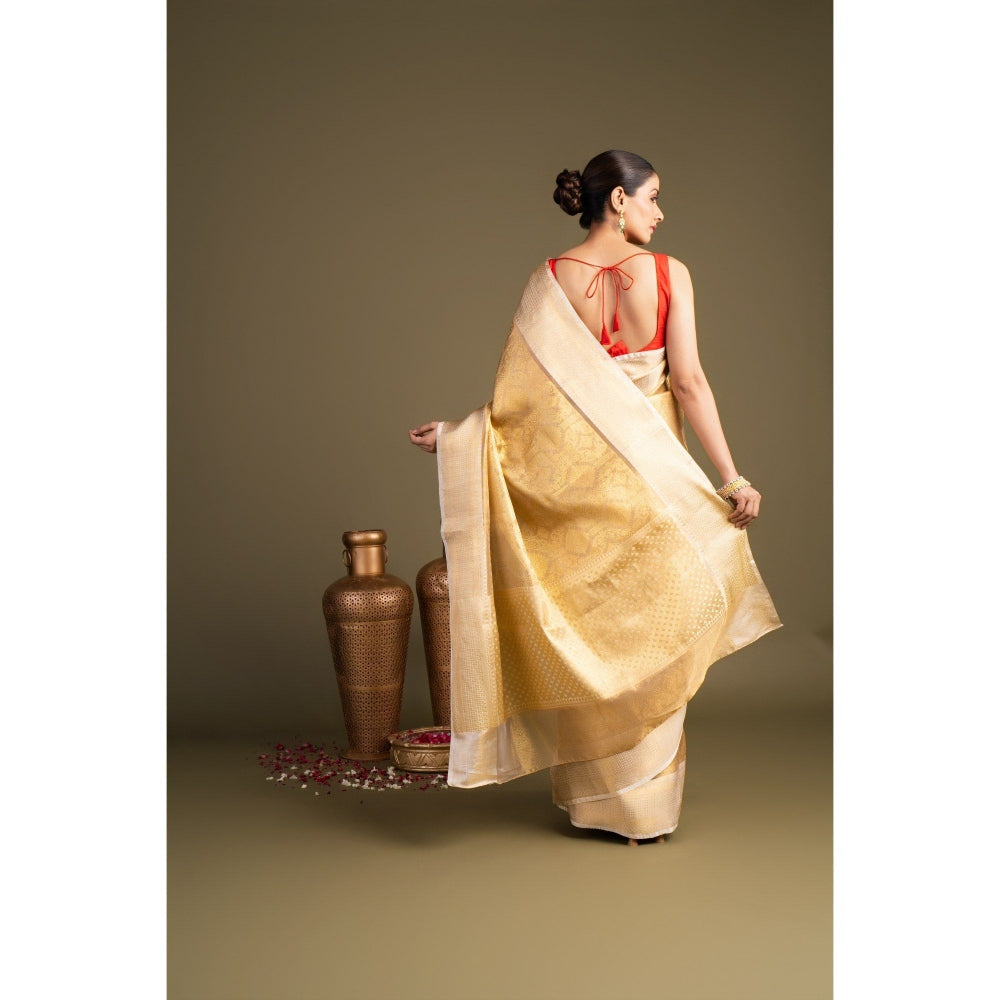 Zal from Benaras Golden Pure Katan Tissue Silk Banarasi Handloom Saree without Blouse Piece