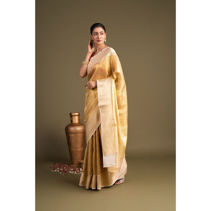 Zal from Benaras Golden Pure Katan Tissue Silk Banarasi Handloom Saree without Blouse Piece