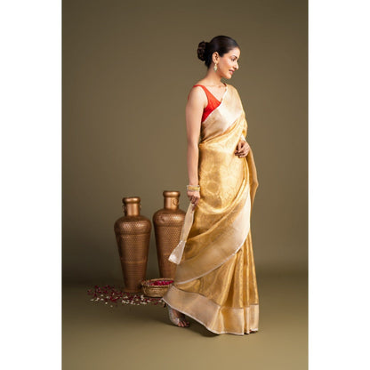 Zal from Benaras Golden Pure Katan Tissue Silk Banarasi Handloom Saree without Blouse Piece